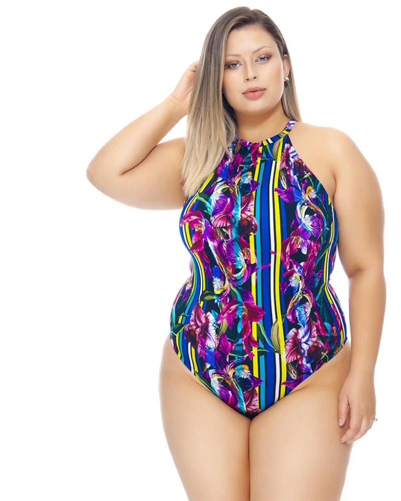 Front of a model wearing a size 22 Swimsuit With Choker And Padded Cups in Purple by Lehona. | dia_product_style_image_id:267751